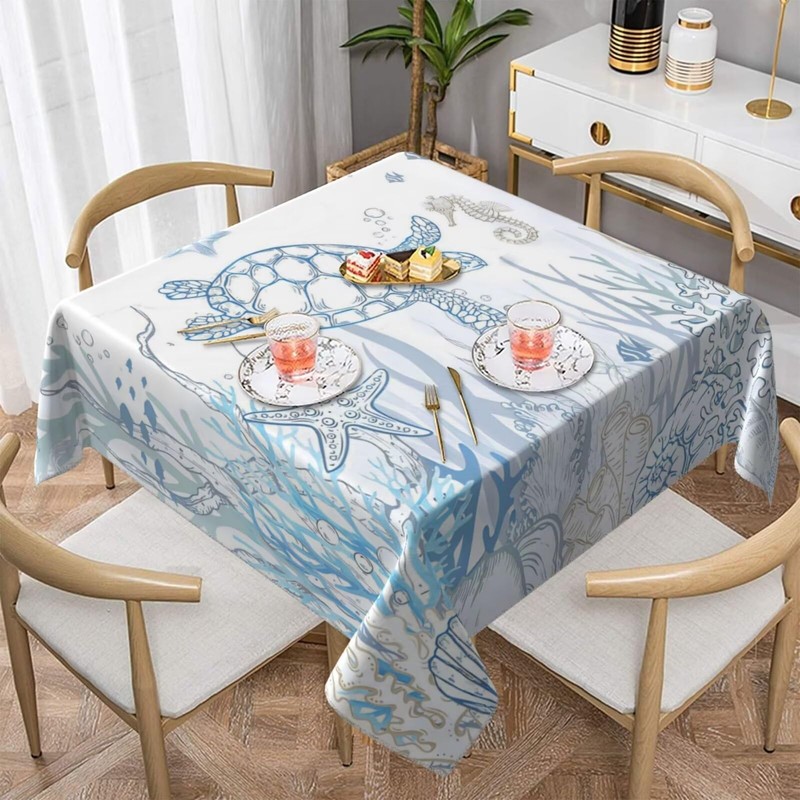 Jecuwo Nautical Coastal Square Tablecloth 60 Inch Turtle Coral Starfish