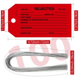 100 Pack Rejected Tags with Wire - Red Defective Product Inspection Tags, Cardstock 4-3/4" x 2-3/8" for Manufacturing Quality Checks