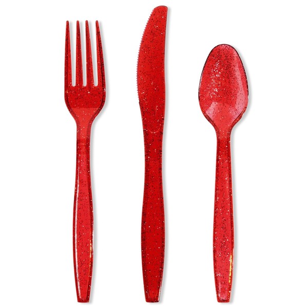 144 Piece Red Plastic Silverware Set with Spoons, Forks, and Knives for Parties, Birthday, Dinnerware Supplies (Serves 48)