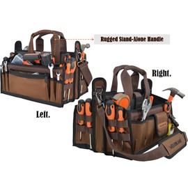 WELKINLAND 20-Pockets Tool Tote Bag, 16" Electrician Tool Bag, Open-Top Tool Bag, Stay-Up HVAC Tools Bag, Brown Tech Tools Bags, HVAC Bag, Tool Tote Bag With Handle