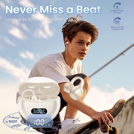 CuiSuto Clip on Earbuds Open Ear Wireless Bluetooth 5.4 Headphones with Mic,60H Play,Noise Cancelling,Waterproof,Sports Ear Buds,Comfortable for Small Ears & Glasses Wearers,Workouts (Off White)