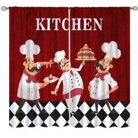 Chef Kitchen Curtains for Window, Fat Chef Cook Theme Kitchen Curtains for Bedroom Living Room, Red Black Buffalo Check Plaid Kitchen Drape 2 Panel Set, 42x45Inch