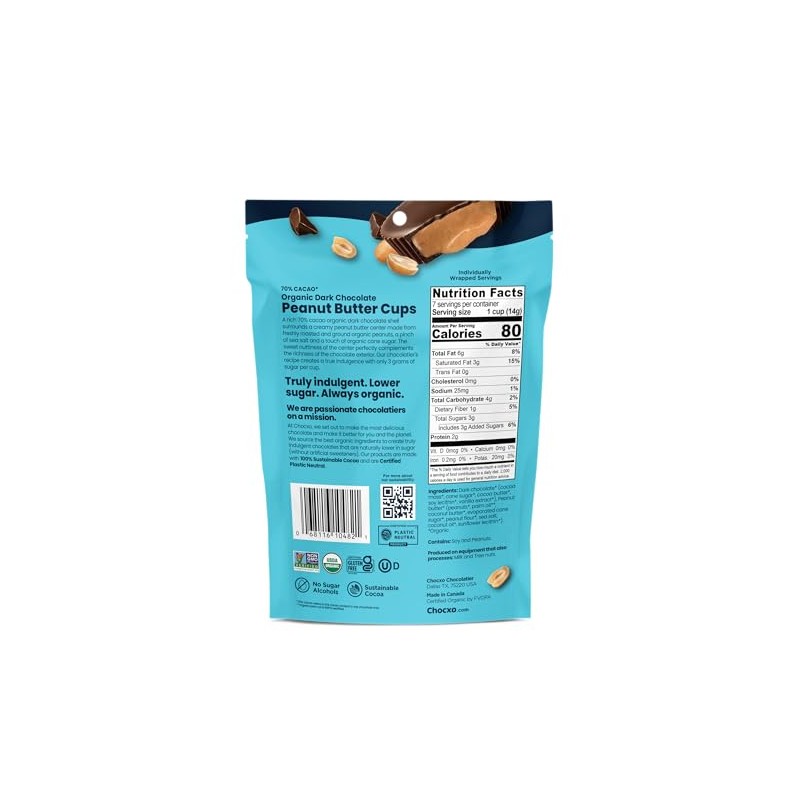 Chocxo Peanut Butter Cups Dark Chocolate 70% Organic 3.45 Ounce