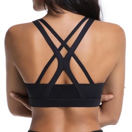 Betaven Sports Bra for Women Medium-High Support Criss-Cross Back Strappy Padded Sports Bras Supportive Workout Tops,Black,Medium