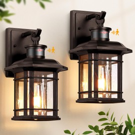 VIANIS 2 Packs Motion Sensor Outdoor Lights, Oil Rubbed Bronze Wall Light Fixtures, Dusk to Dawn Outdoor Lighting Sconce, Anti-RustSeed Glass Garage Light Lantern, ORB Porch Lights for House