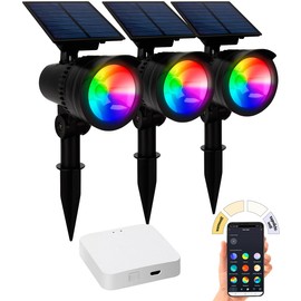 Lunartec Solar Ground Spike Spotlight: Set of 6 RGB CCT LED Spotlights with Gateway, 50 lm, 1 W, IP44 (Solar Spotlight with App, LED Solar Spot RGB, Garden Light Floor Lamp)