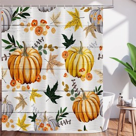 Autumn Pumpkins Shower Curtain Fall Thanksgiving Maple Leaves Pumpkin on Wooden Planks Rustic Farmhouse Festival Bathroom Decor Polyester Waterproof Fabric 72×72 inch