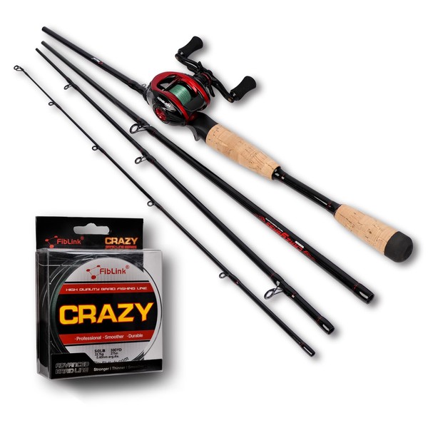 Fiblink Baitcasting Fishing Rod and Reel Combo, 4-Piece Portable Travel