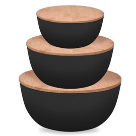 Panghuhu88 Salad Bowl with Lid, Set of 3 (7" + 8.8" + 11") Serving Bowl with Bamboo Cover, Bamboo Fiber Mixing Bowl for Salad Cereal Pasta Soup Fruit Popcorn Chips (Black)