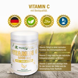 PharmaVital Vitamin C – 500 Tablets High Dose 1000 mg for Immune System and Antioxidants Natural Ascorbic Acid Source Strengthening the Defences Collagen Formation & Skin Health Laboratory Tested