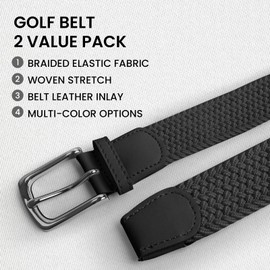 FINGER TEN Men's Stretch Belts Elastic Braided Value 2 Pack, Woven Belt for Golf Casual Pants Shirts Jeans (fit for Waist Size 30"-34", Black+Beige)