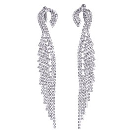 Luxury Wedding Bridal Bridesmaids Party Rhinestone Angle Wing Feather Long Dangle Clip-on Earrings(CA)