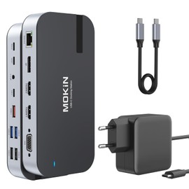 Laptop Docking Station mit 65W Netzteil,MOKiN 16 in 1 Docking Station USB C Dock mit Dual Monitor Display mit 4K 2 HDMI, DP, VGA, 5 USB Ports, RJ45, SD/TF, 100W PD, Audio für Dell Surface HP Lenovo