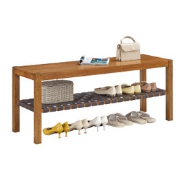 Ball & Cast Entryway Storage Bench Wood Frame Shoe Bench with Faux Leather Woven Shelf, 48 Inch Natural