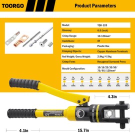 TOORGO Cable Lug Crimping Tool, 8 AWG to 250 MCM Hydraulic Plier, 12 Ton Hand Crimping Tool for Wires, Terminal, Lug, Crimping Tool Kit with 8 Dies