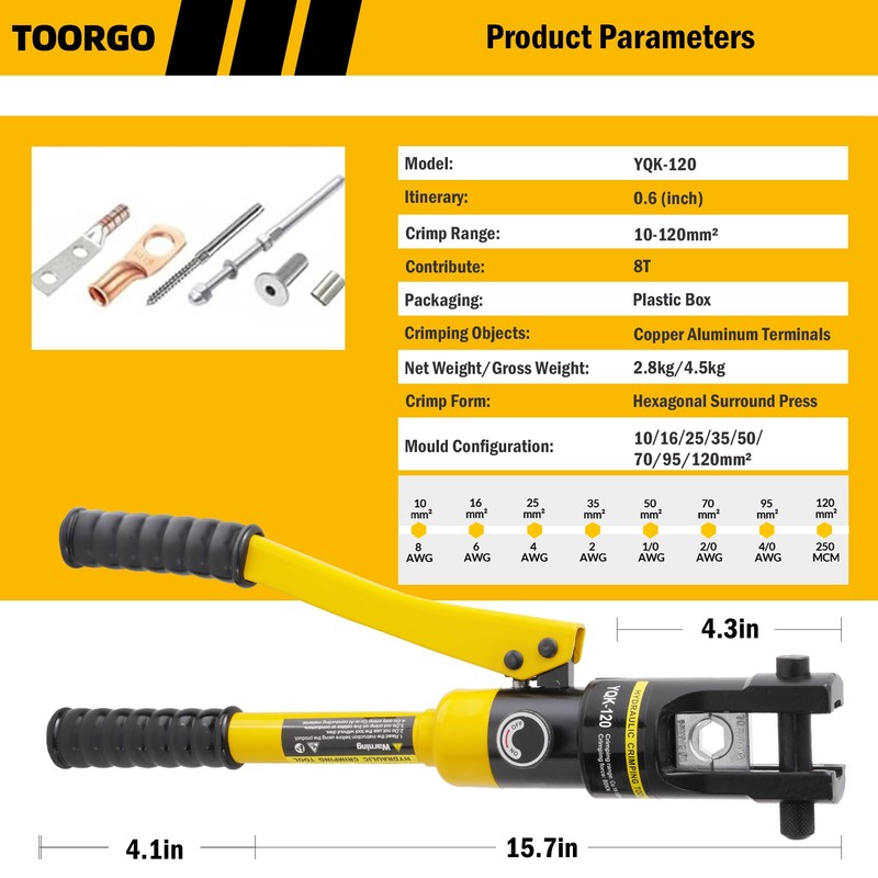 Cable Lug Crimping Tool, 8 AWG to 250 MCM Hydraulic