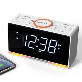 iTOMA Alarm Clock Radio, 1.4" White LED Display Clock with Bluetooth, FM Radio, Dual Alarm, Sleep Timer, Snooze, Auto & Manual Dimmer, USB Charger and Night Light CKS718