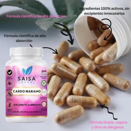 Cardo Mariano 100 Puro 120 Cáps SAISA HERBAL  Suplemento Natural  Apoyo Hepático, Antioxidante y Bienestar Digestivo                                  
