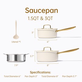 CAROTE 1.5Qt & 3.0Qt Stainless Steel Saucepan Set with Steamer & Ladle, Non-Toxic 3-Ply Stainless Steel Pot with Lids, Small Pots for Cooking, Oven Safe, Induction Compatible Cookware