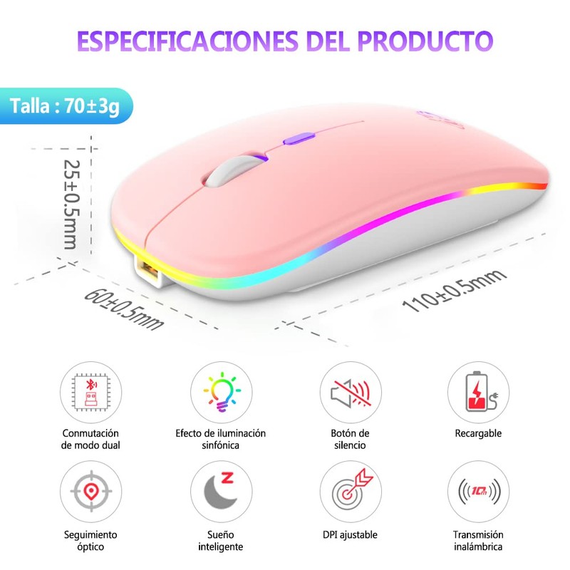 EASYTAO Mouse Inalámbrico, Mouse Bluetooth/Wireless2.4GHz Modos Dual Recargable con Iluminación