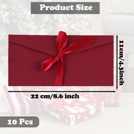 ATSNOSH Pack of 10 Dark Red Beautiful Envelopes, Greeting Cards, Kraft Paper Envelopes with Bow, Invitation Envelopes, 11 x 22 cm, for Christmas, Birthday, Valentine's Day, Wedding (Dark Red)