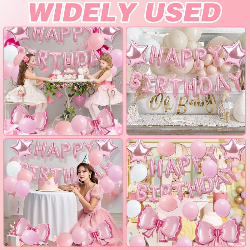 Pink Bow Balloons Happy Party Decorations, Happy Birthday Decor Supplies,