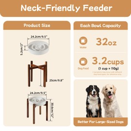 Havniva Ceramic 3.2 Cup Raised Slow Feeder Dog Bowl Set, Elevated Acacia Wood Stand for Large Dog, 9.5inch Slow Dish, Preventing Choking(Single Bowl+ Stand, Reactived Glaze -White)