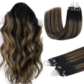 DOORES Microlink Hair Extensions, Balayage Natural Black to Chestnut Brown, 60 cm, 50 g/50s, Invisible MicroBead Human Hair Extensions for Women, Real Human Hair Extensions