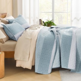 Litanika Quilt Queen Size Spa Blue, Stripe Patchwork Summer Bedspread Coverlet 3 Pieces, Soft Lightweight Microfiber Quilted Bedding Set for All Season(1 Quilt, 2 Pillowcases)