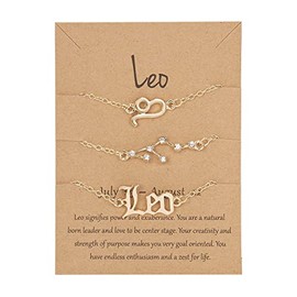 COLORFUL BLING 3 Pcs 12 Constellation Horoscope Bracelet Set 18K Gold Plated Crystal Zodiac Sign Layered Bracelets with Exquisite Letter Astrology Horoscope Card for Women Birthday Jewelry-Leo