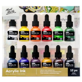 Mont Marte Mont Marte Acrylic Ink Premium 12pc x 20ml (0.7 US fl.oz), Acrylic Inks for Artists, Essential Colors, Ideal for Air Brush, Pouring Art, Scrapbooking, Ink Drawing, Mixed Media