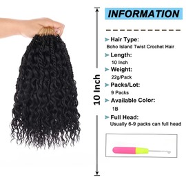 9 Packs 10 Inch Natural Black Senegalese Twist Crochet Hair with Curly Ends Boho Island Twist Crochet Braids Pre-Looped Goddess Twist Crochet Hair for Black Women Braiding Hair Extensions 1B#