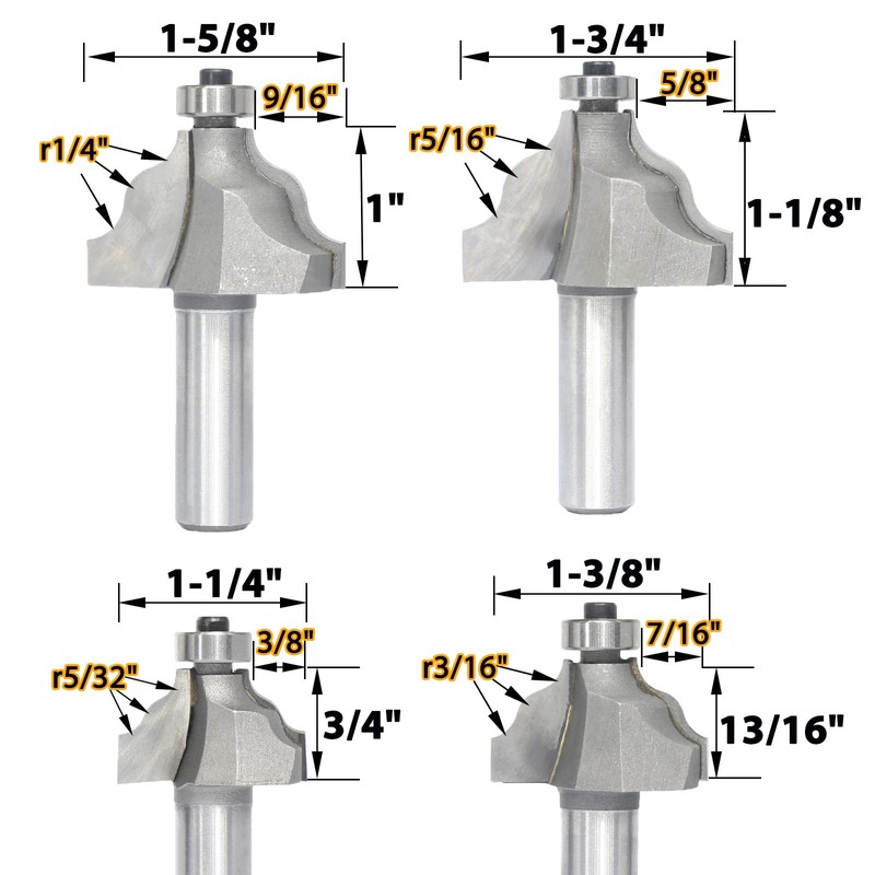 Akylin 4Pcs Wavy Edge Molding Router Bits,1/2" Shank,3/4",7/8",1-1/8",1-1/4" Cutting Height