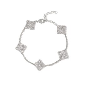 Iced Out 5A Cubic Zirconia Five-Flower Lucky Bracelet, Adjustable Chain Bracelet Dainty Four Leaf Clover Bracelets For Women Trendy, White Gold Plated Stack Bracelets (Silver-Four-Leaf Clover, 7 Inch)