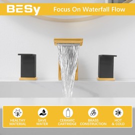 BESy Bathroom Faucet 3 Holes Two Handles Vanity Widespread 8 Inch Bathroom Sink Faucet, Waterfall Bathroom Sink Faucet, cUPC Supply Hoses, Gold with Matte Black, Stainless Steel, with Pop Up Drain,
