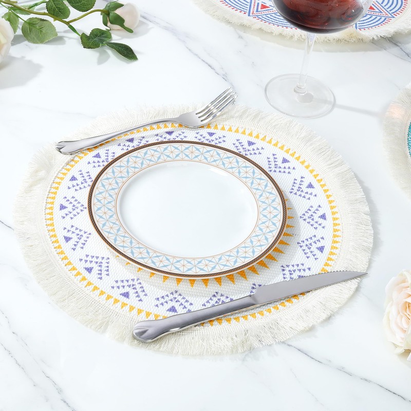 fanquare Set of 6 Boho Placemats, Round Cotton Woven prints