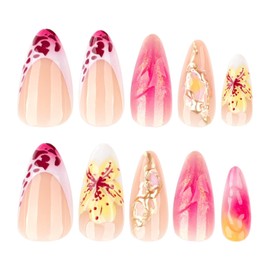 Stiletto Press on Nails Long Fake Nails French False Nails Ombre Artificial Nails with 3D Flora Designs Acrylic Nail Press ons Glitter Stick on Nails for Women 24pcs