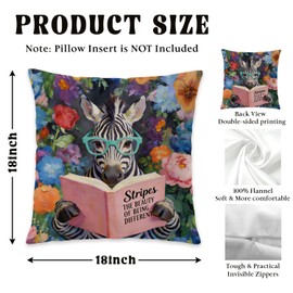 Funny Zebra Reading Pillow Cover 18x18, Book Lover Reader Gifts, Whimsical Zebra Wildflower Bookish Decorative Throw Pillow Cover for Library Reading Nook Corner Kids Room Home