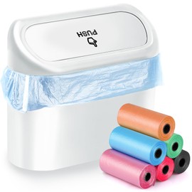 FINEASY Car Rubbish Bin, Small Dustbin, Foldable Car Rubbish Bin with 100 Rubbish Bags, Mini Storage Box with Lid, 15.5 cm x 6.5 cm x 14 cm (White)