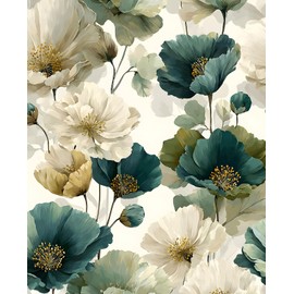 VOLEAAR Dark Teal Poppy Oil Floral Peel and Stick Wallpaper 17.5" x 118"