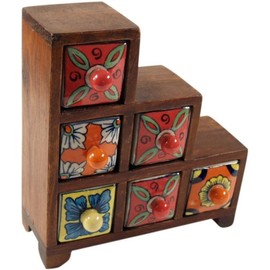 GURU SHOP Apothecary Cabinet with Colourful Ceramic Drawers - 3.2, 1 Compartments, Brown, 30 x 30 x 10 cm, Tins, Boxes & Caskets