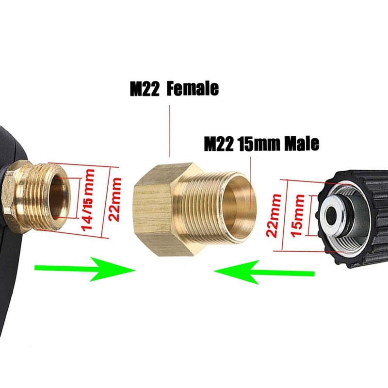 Brass High Pressure Washer Coupler, Metric M22 15mm Male to