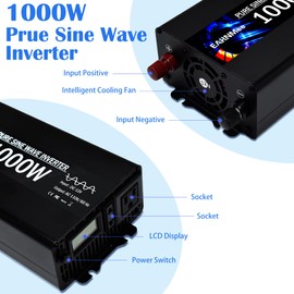 EARNMee Pure Sine Wave Inverter,1000W Solar Inverter,12v to 110v Car Power Inverters 12v to 120v with Dual AC Socket Intelligent LCD 2000W Peak Power