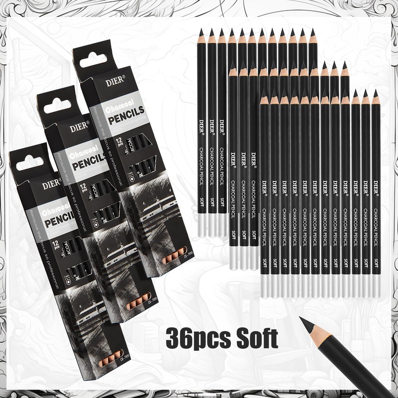 Geyoga 36 Pcs Professional Charcoal Pencils Soft, Medium and Hard