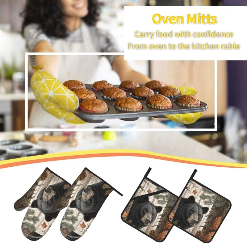 Bear Oven Mitts and Pot Holders Set of 4pcs Heat