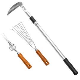 Japanese Garden Weeding Tools Set (Telescoping Long Handle Sickle, Root Puller, Hand Rake) Gardening Weeder Tools Set, Made in Japan