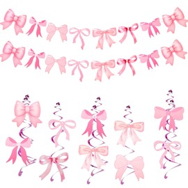 Tucnoeu Hanging Spiral Garland, Pack of 2 Pink Arch Banners + 10 Streamers Birthday, Prestrung Bows Banner, Streamers Pink Party Decorations for Birthday, Bachelor Night