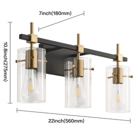 SOLFART Vintage Vanity Lights Bathroom Light Fixture Over Mirror for Bath Glass Shade Light Black and Brass Modern Style 3 Lights