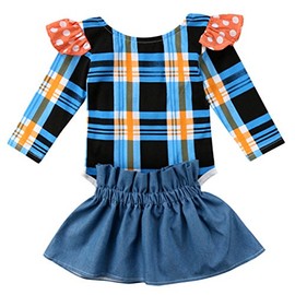 stylesilove Baby Girls Long Sleeve Plaid Romper with Mini Skirt 2 pcs Set (90/12-18 Months) Blue