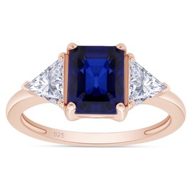 AFFY 14k Rose Gold Over Sterling Silver Emerald Cut Blue Sapphire With Trillion White Topaz Ring Jewelry For Womens Ring Size-10